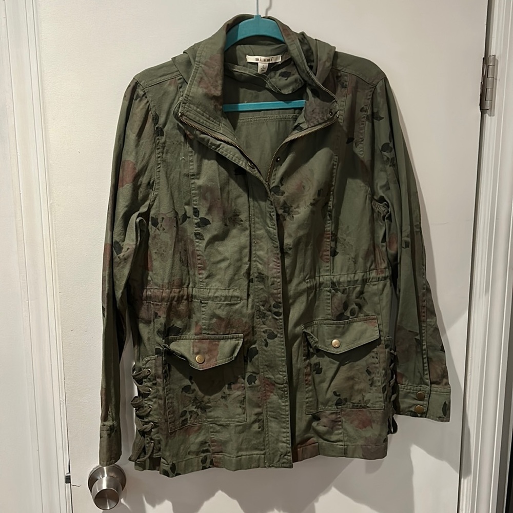 Miami green and floral hooded utility jacket, size large, worn once
